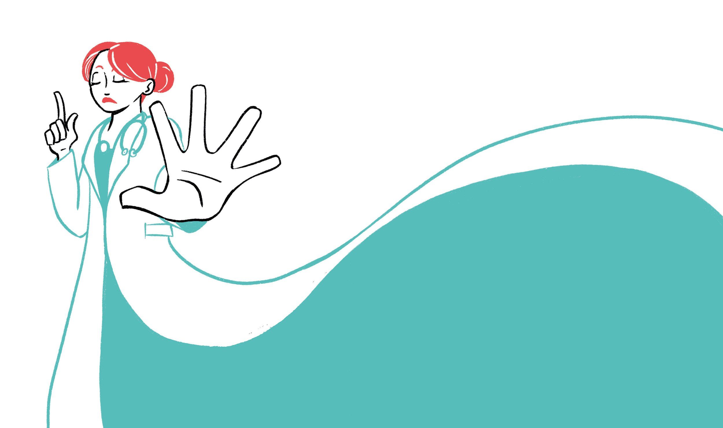 a doctor holding one hand up with splayed fingers and pointing upward with the other