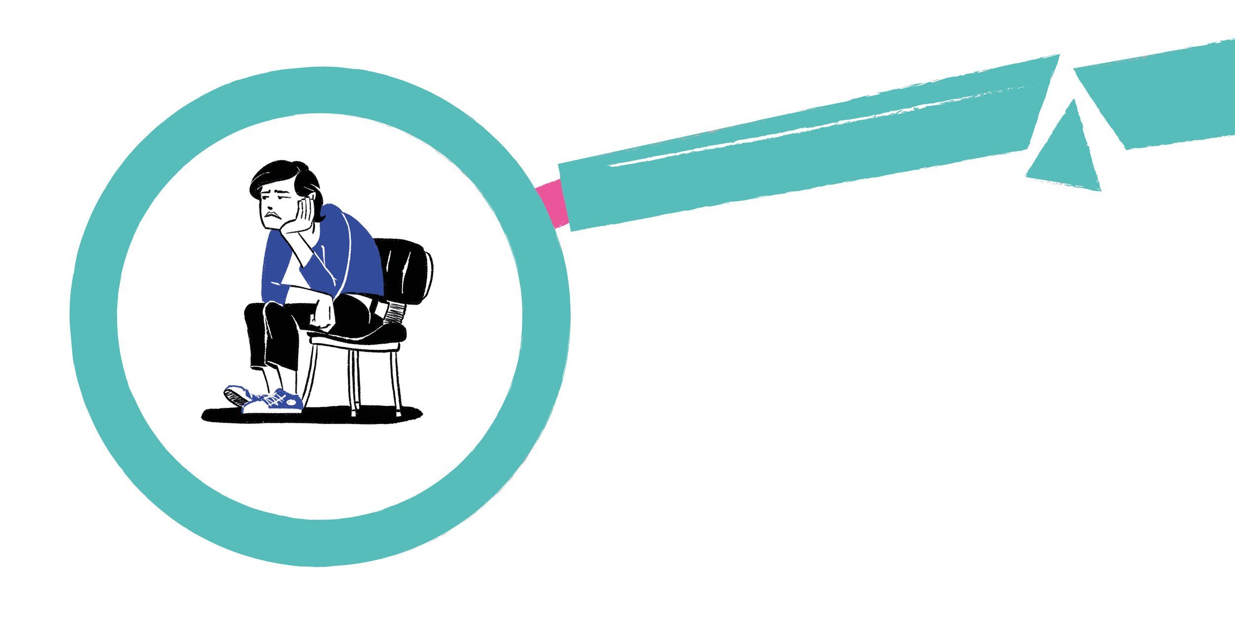 a magnifying glass showing a person sitting on a chair, looking into the distance with a frown on their face