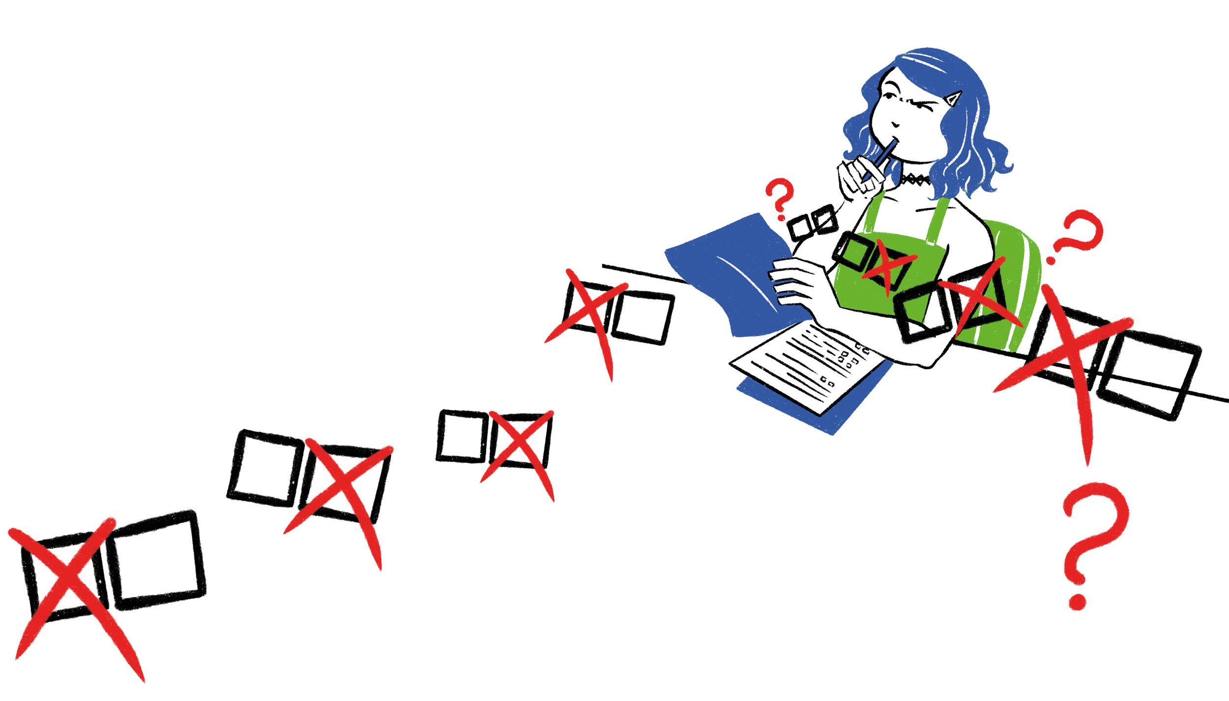 a person holding a pen to their chin, considering many checkboxes