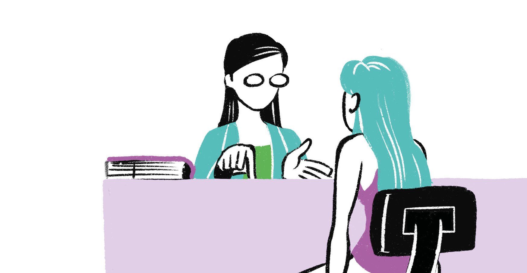 two poeple talking across a desk