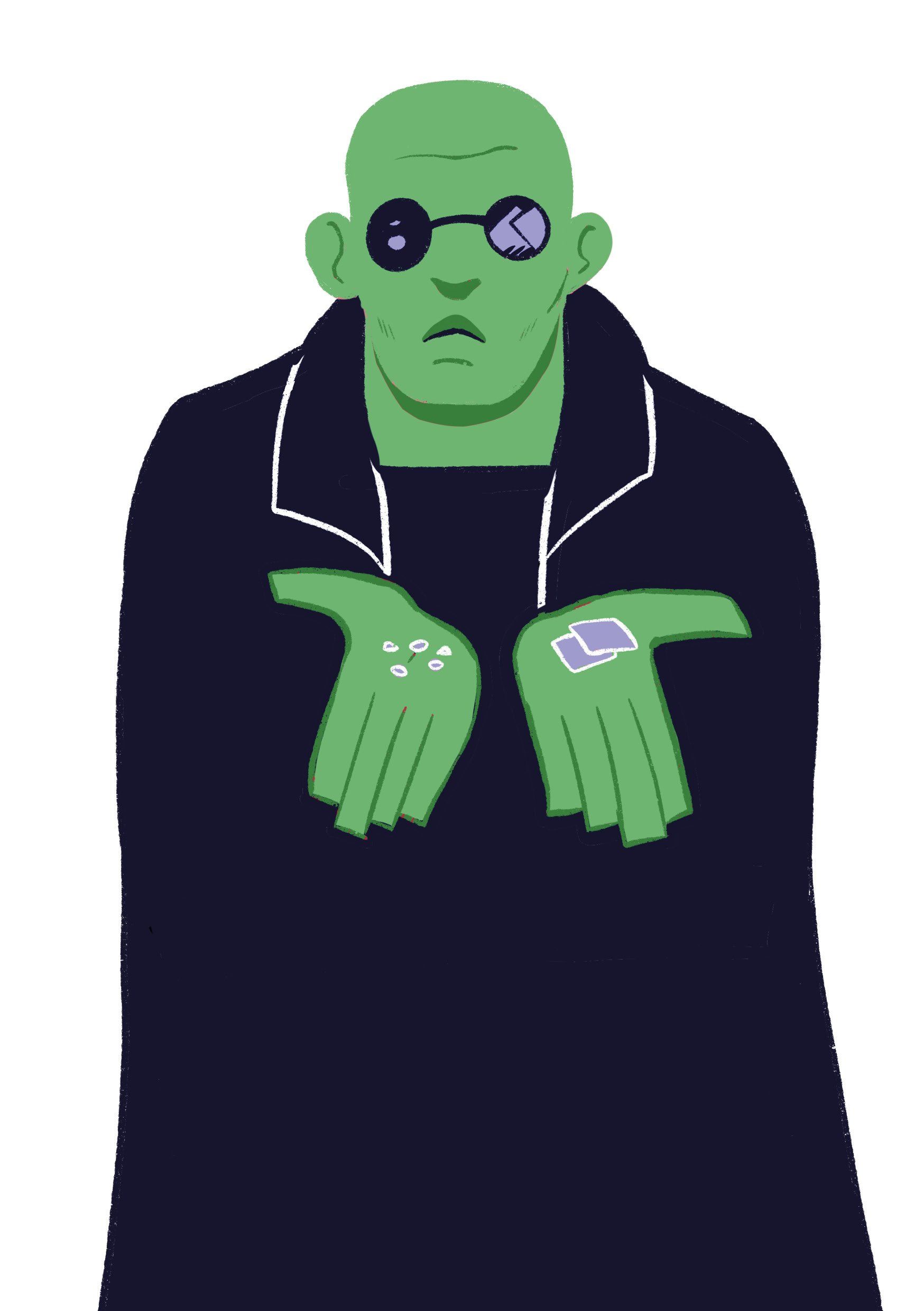 Person with hands held out offering medication as pills and patches