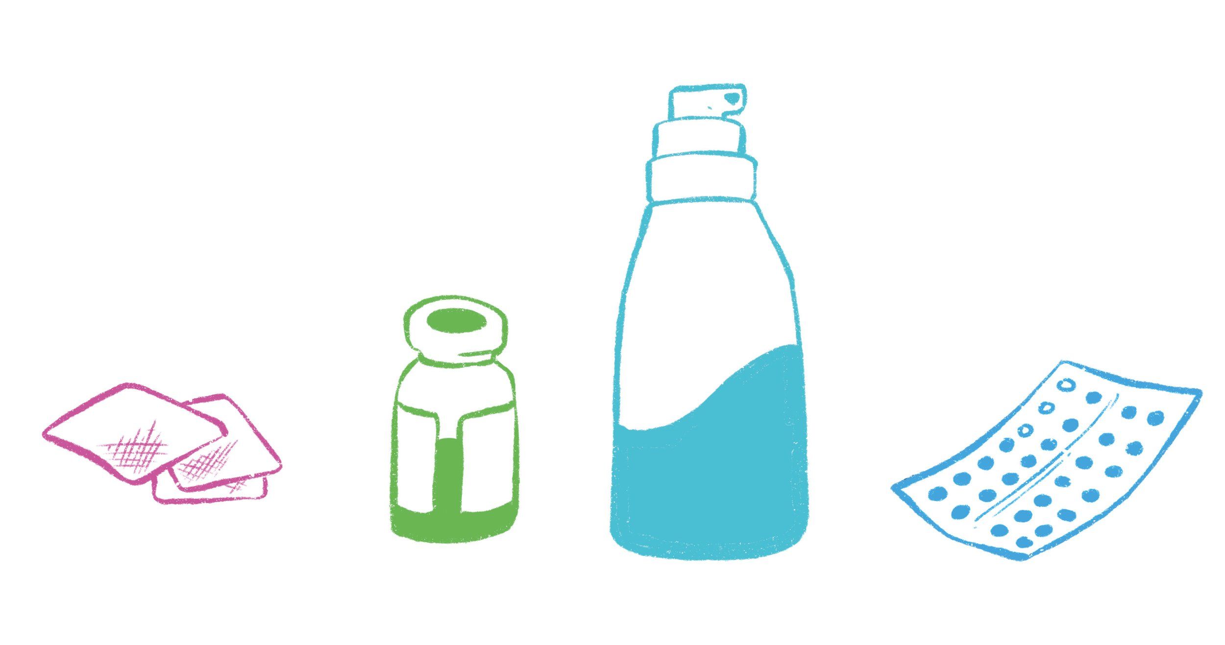 patches, a pill bottle, a gel bottle, and a sheet of capsules