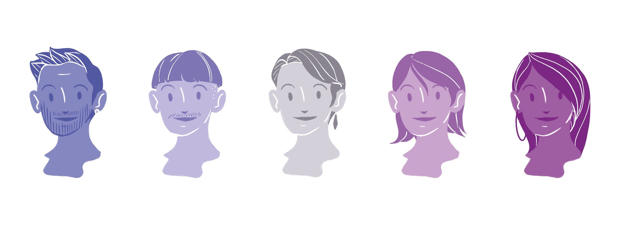 5 faces varying in presentation of facial hair, hair length and earings