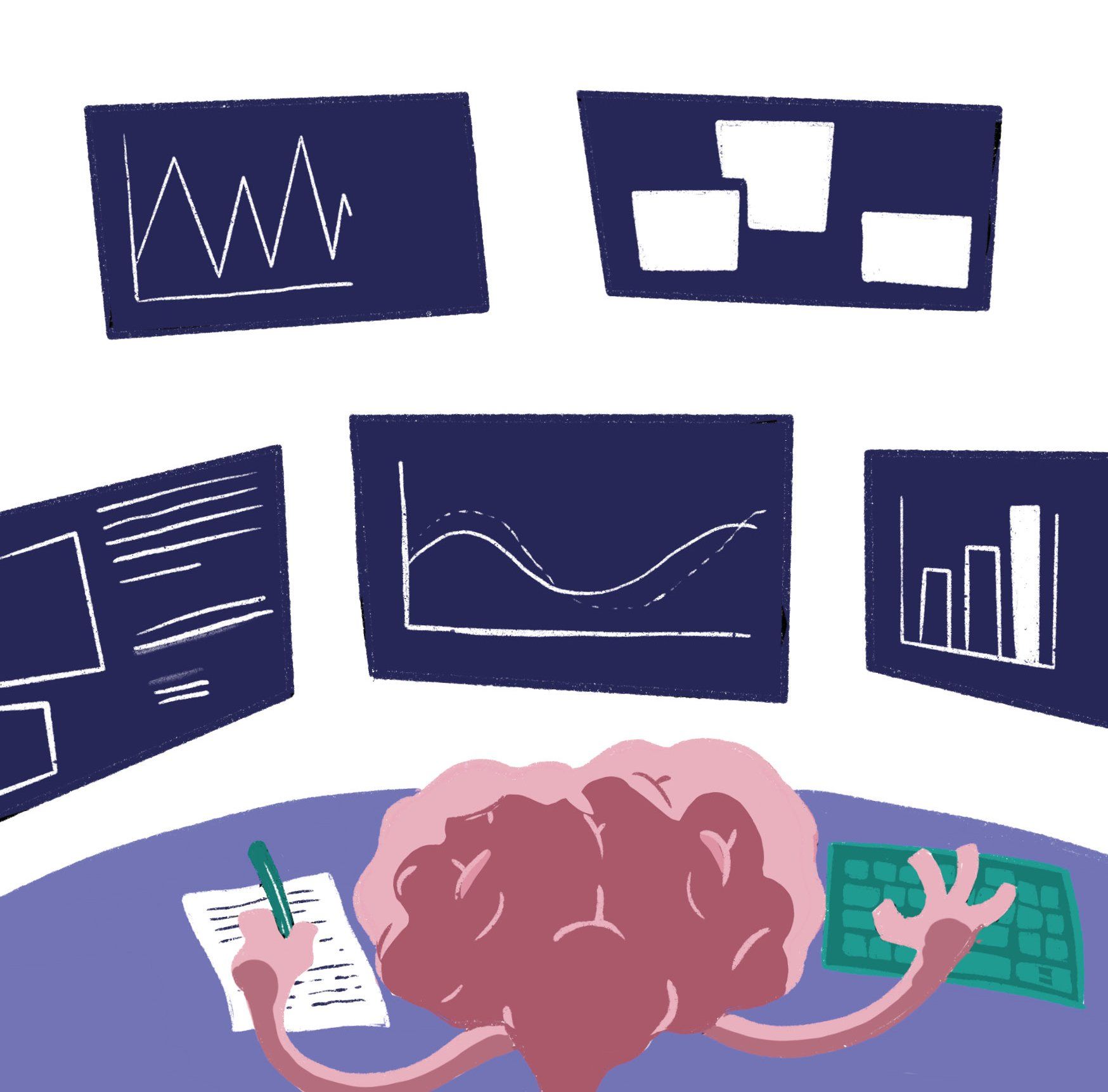 a brain with a pen and paper, keyboard, and many graphs