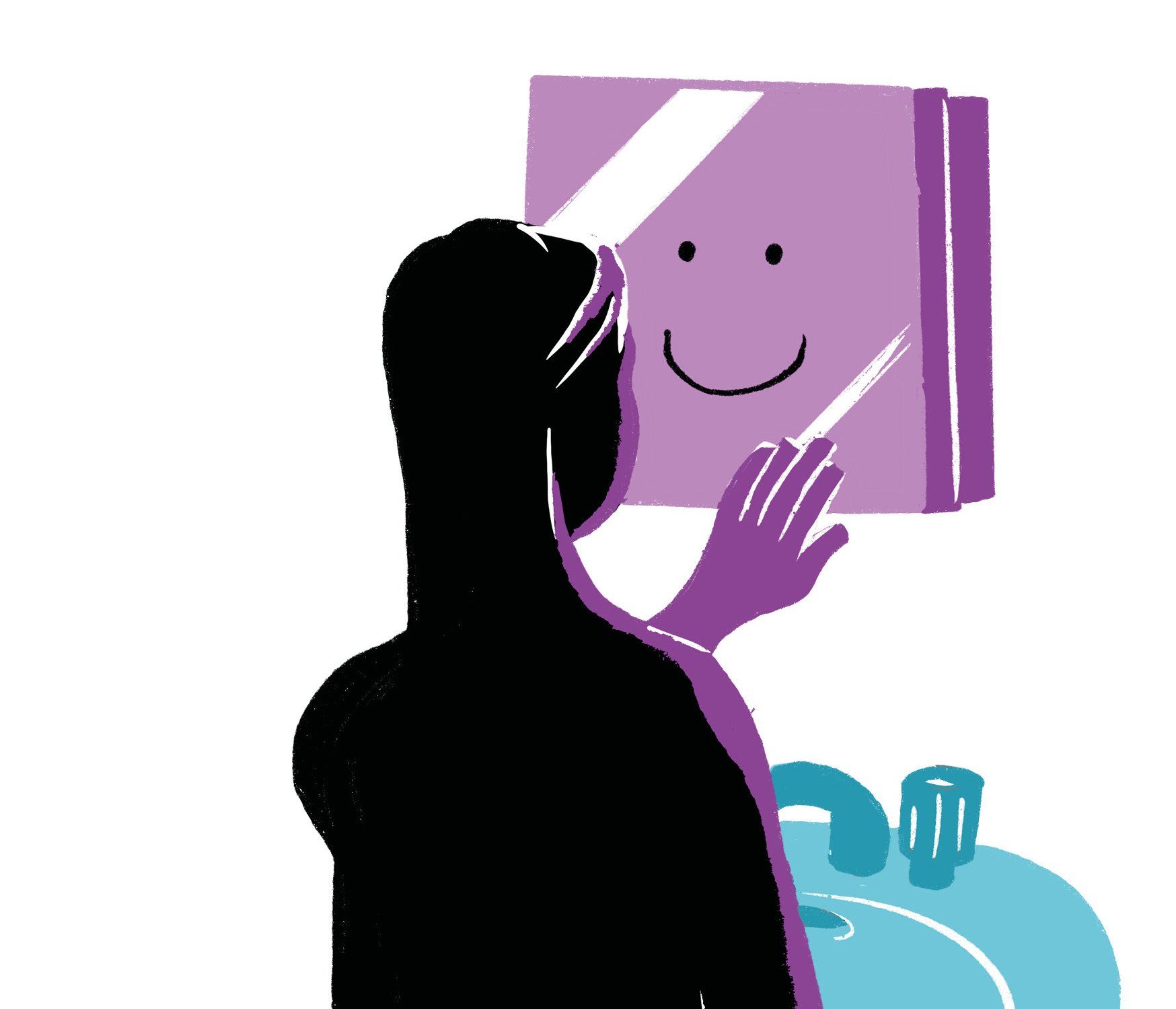 a person standing at a sink and looking in the mirror, seeing a smiling face