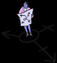 A trans person looks at a map while standing on a trans symbol.