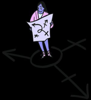 A trans person looks at a map while standing on a trans symbol.