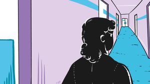 a person looking down a corridor. Illustrations by Diane Faye