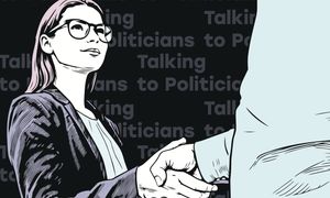 A woman shaking hands with a figure behind the camera. Illustrations by Pradeep Mahadeshwar
